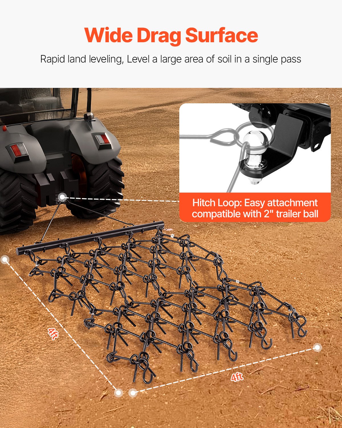 Drag Harrow, 1.2x1.2 m Durable Chain Harrow with 69 Sharp Teeth, Suitable for ATV UTV Tractor, Ideal for Soil Preparation, Seeding, Smoothing Landscapes, and Yard Gravel Driveway Maintenance