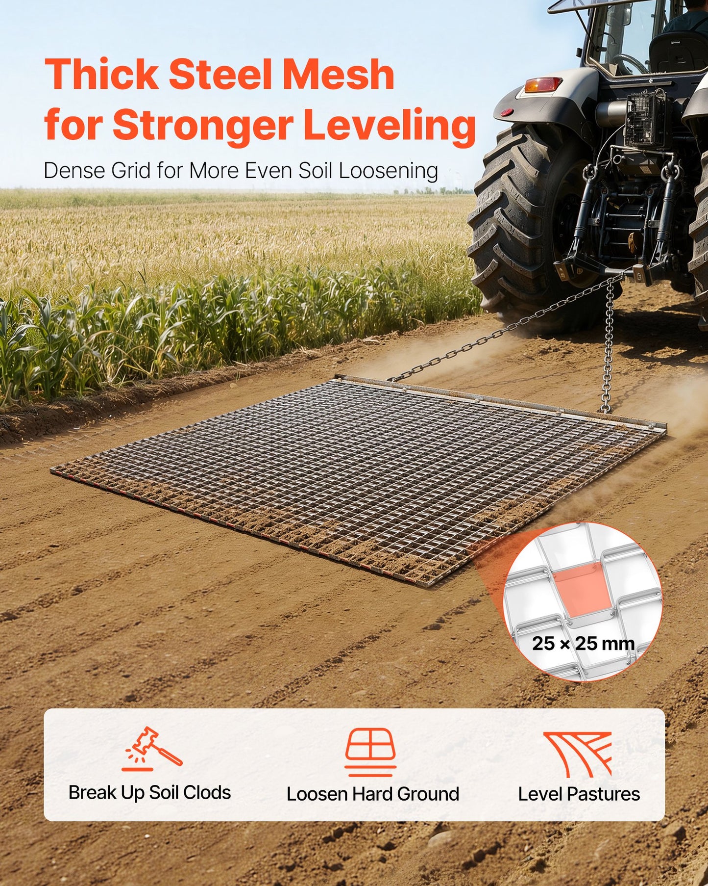 Drag Harrow, 1.2x1.2 m , High-Efficiency Chain Harrow Rake, ATVs UTVs Tractors Attachments, Durable Galvanized Steel Mesh Drag Mat with Towing Chain, for Gravel Driveway Ruts Farm Field Leveling