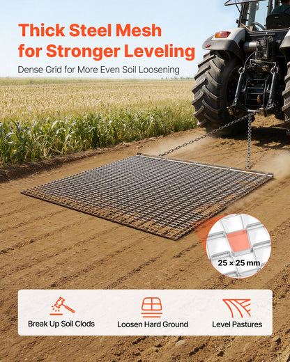 Drag Harrow, 1.2x1.2 m , High-Efficiency Chain Harrow Rake, ATVs UTVs Tractors Attachments, Durable Galvanized Steel Mesh Drag Mat with Towing Chain, for Gravel Driveway Ruts Farm Field Leveling