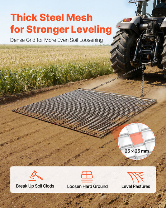 Drag Harrow, 1.2x1.2 m , High-Efficiency Chain Harrow Rake, ATVs UTVs Tractors Attachments, Durable Galvanized Steel Mesh Drag Mat with Towing Chain, for Gravel Driveway Ruts Farm Field Leveling