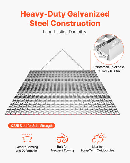 Drag Harrow, 1.2x1.2 m , High-Efficiency Chain Harrow Rake, ATVs UTVs Tractors Attachments, Durable Galvanized Steel Mesh Drag Mat with Towing Chain, for Gravel Driveway Ruts Farm Field Leveling