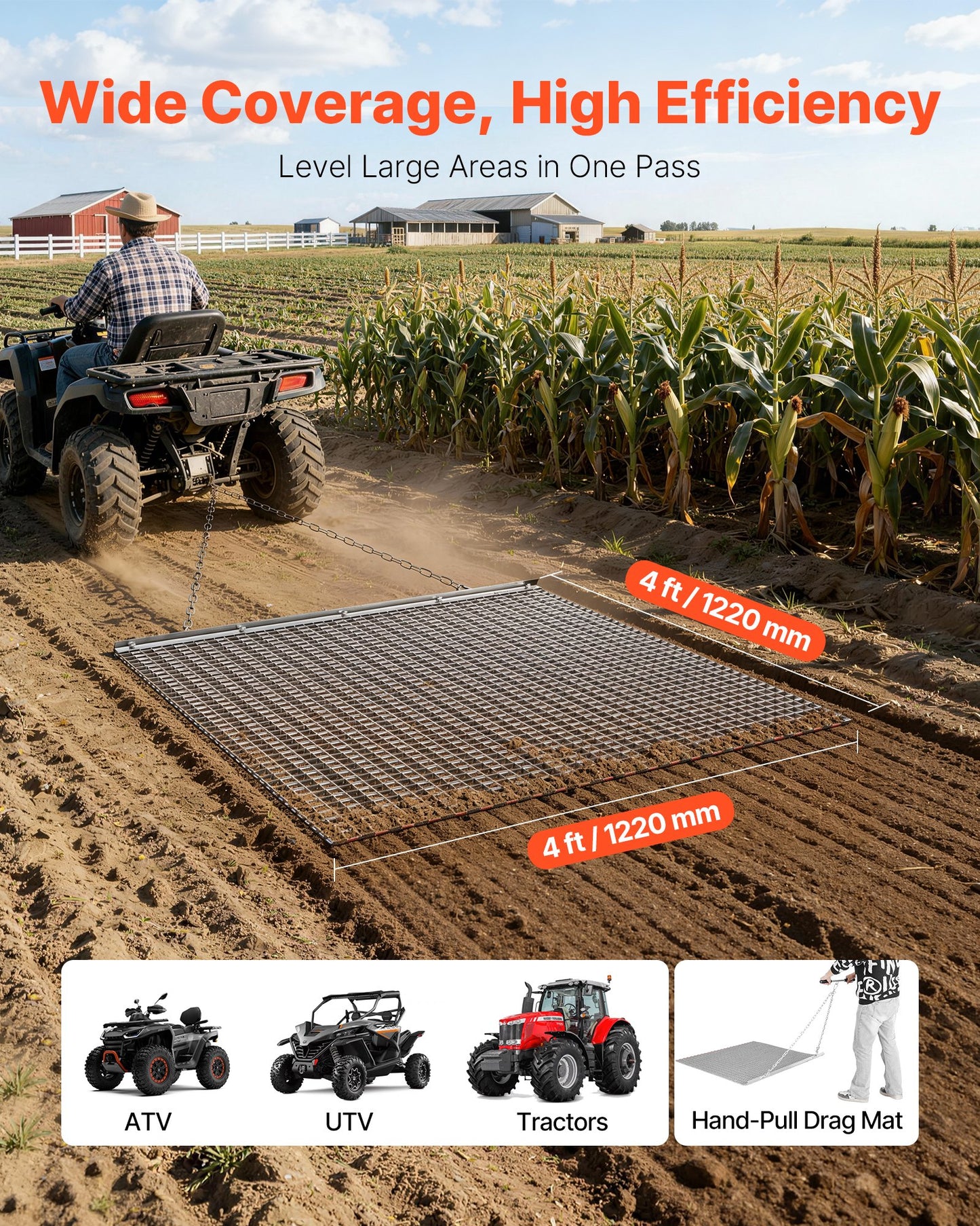 Drag Harrow, 1.2x1.2 m , High-Efficiency Chain Harrow Rake, ATVs UTVs Tractors Attachments, Durable Galvanized Steel Mesh Drag Mat with Towing Chain, for Gravel Driveway Ruts Farm Field Leveling