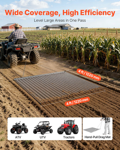 Drag Harrow, 1.2x1.2 m , High-Efficiency Chain Harrow Rake, ATVs UTVs Tractors Attachments, Durable Galvanized Steel Mesh Drag Mat with Towing Chain, for Gravel Driveway Ruts Farm Field Leveling