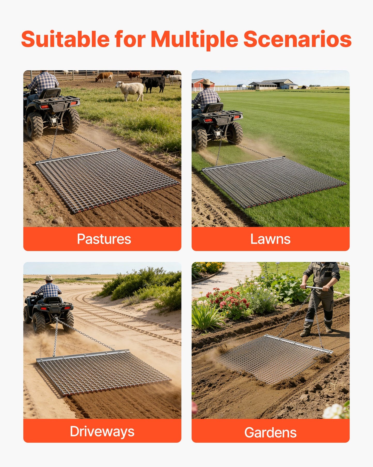 Drag Harrow, 1.2x1.2 m , High-Efficiency Chain Harrow Rake, ATVs UTVs Tractors Attachments, Durable Galvanized Steel Mesh Drag Mat with Towing Chain, for Gravel Driveway Ruts Farm Field Leveling