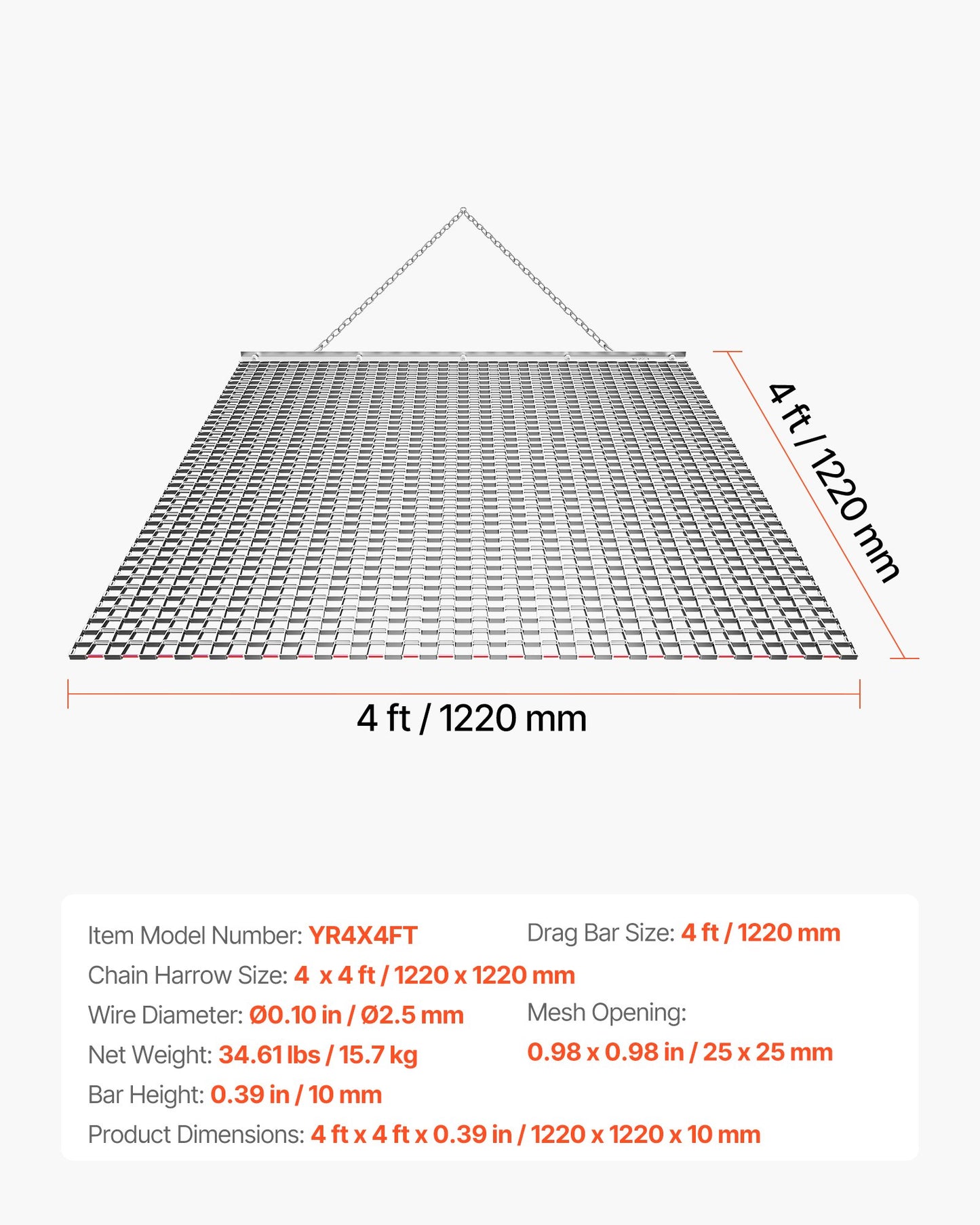 Drag Harrow, 1.2x1.2 m , High-Efficiency Chain Harrow Rake, ATVs UTVs Tractors Attachments, Durable Galvanized Steel Mesh Drag Mat with Towing Chain, for Gravel Driveway Ruts Farm Field Leveling