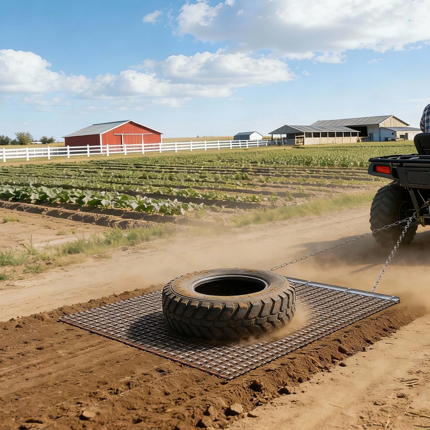 Drag Harrow, 1.2x1.2 m , High-Efficiency Chain Harrow Rake, ATVs UTVs Tractors Attachments, Durable Galvanized Steel Mesh Drag Mat with Towing Chain, for Gravel Driveway Ruts Farm Field Leveling