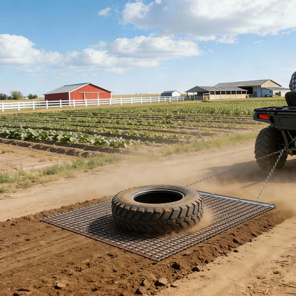 Drag Harrow, 1.2x1.2 m , High-Efficiency Chain Harrow Rake, ATVs UTVs Tractors Attachments, Durable Galvanized Steel Mesh Drag Mat with Towing Chain, for Gravel Driveway Ruts Farm Field Leveling