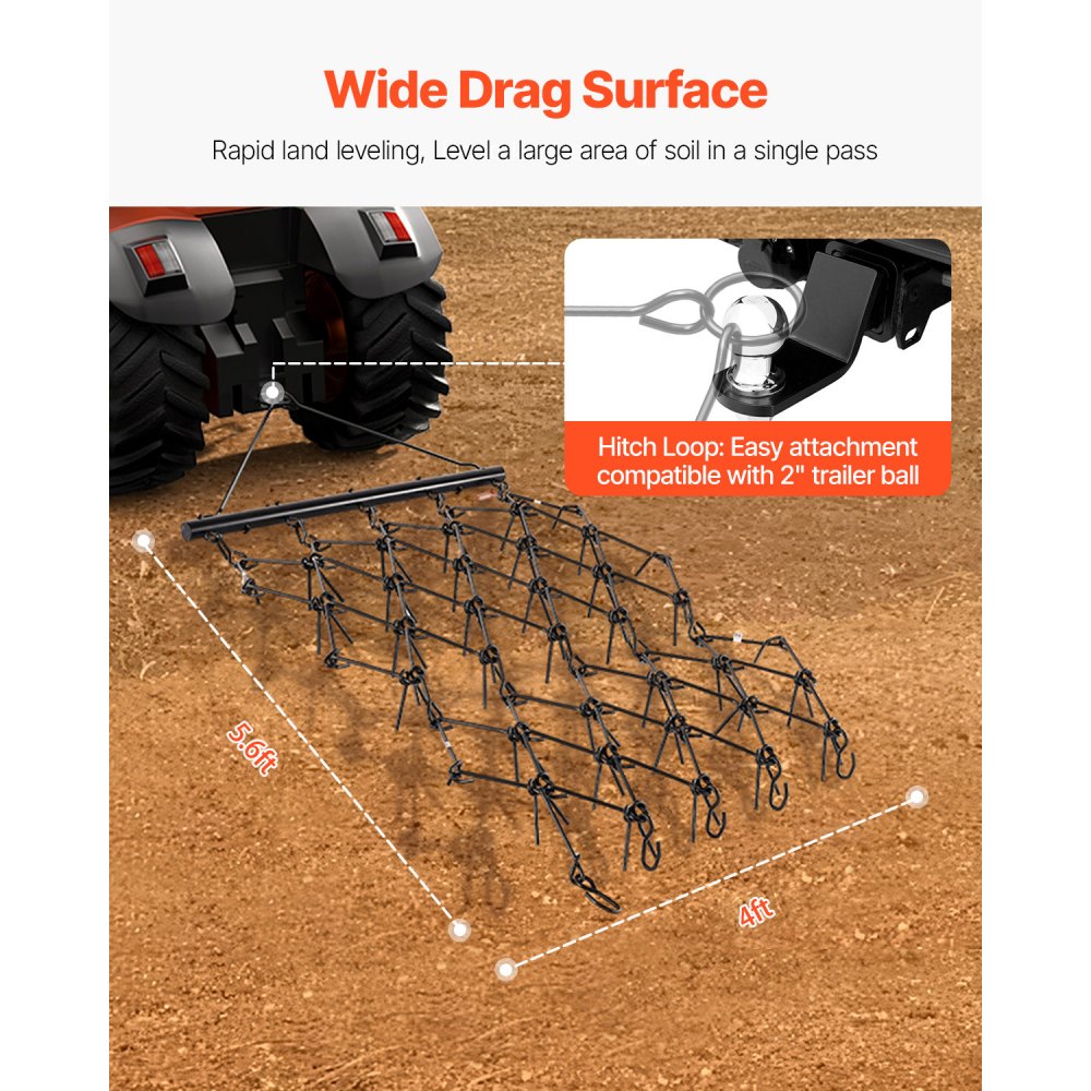 VEVOR Drag Harrow 4 x 5.6 ft Chain Harrow ATV Lawn Rake for Landscape Leveling