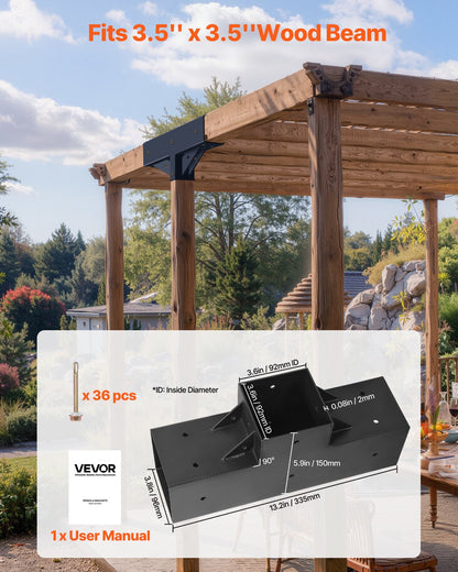 Pergola Kit 2-Pack, T-Shaped 4x4 (Actual 92 x 92 mm), 3-Way Pergola Brackets DIY Woodworking Gazebo Bracket Kit with Screws for 92 x 92 mm Wood Beams in Actual Size for Outdoor Party Banquet