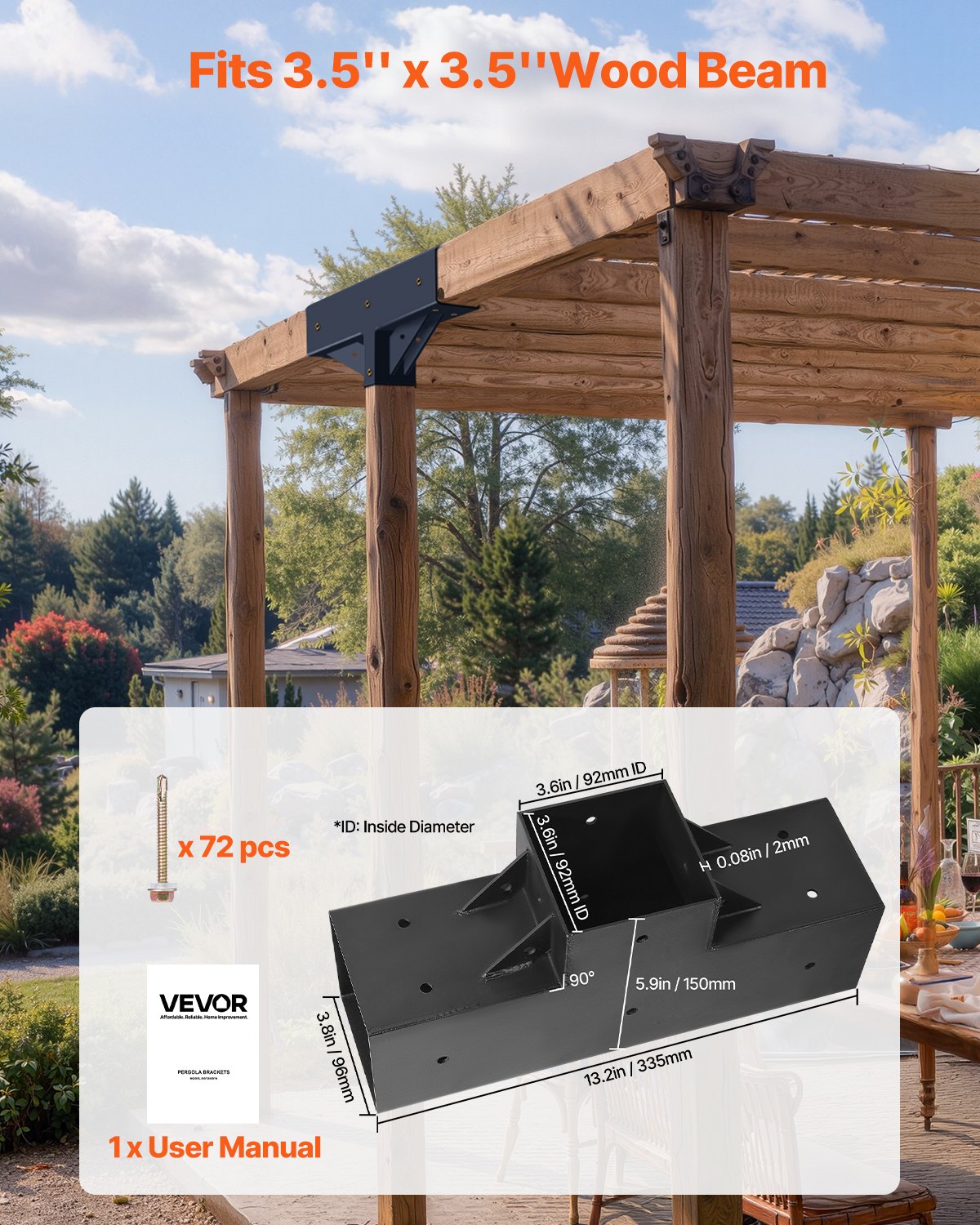 Pergola Kit 4-Pack, T-Shaped 4x4 (Actual 92 x 92 mm), 3-Way Pergola Brackets DIY Woodworking Gazebo Bracket Kit with Screws for 92 x 92 mm Wood Beams in Actual Size for Outdoor Party Banquet