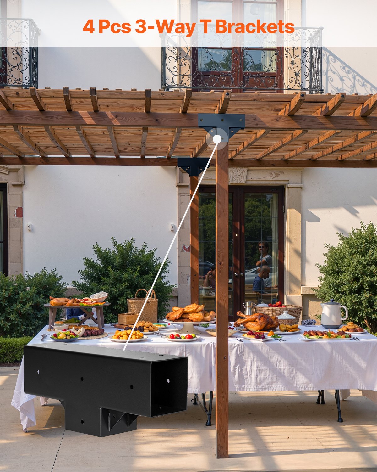 Pergola Kit 4-Pack, T-Shaped 4x4 (Actual 92 x 92 mm), 3-Way Pergola Brackets DIY Woodworking Gazebo Bracket Kit with Screws for 92 x 92 mm Wood Beams in Actual Size for Outdoor Party Banquet