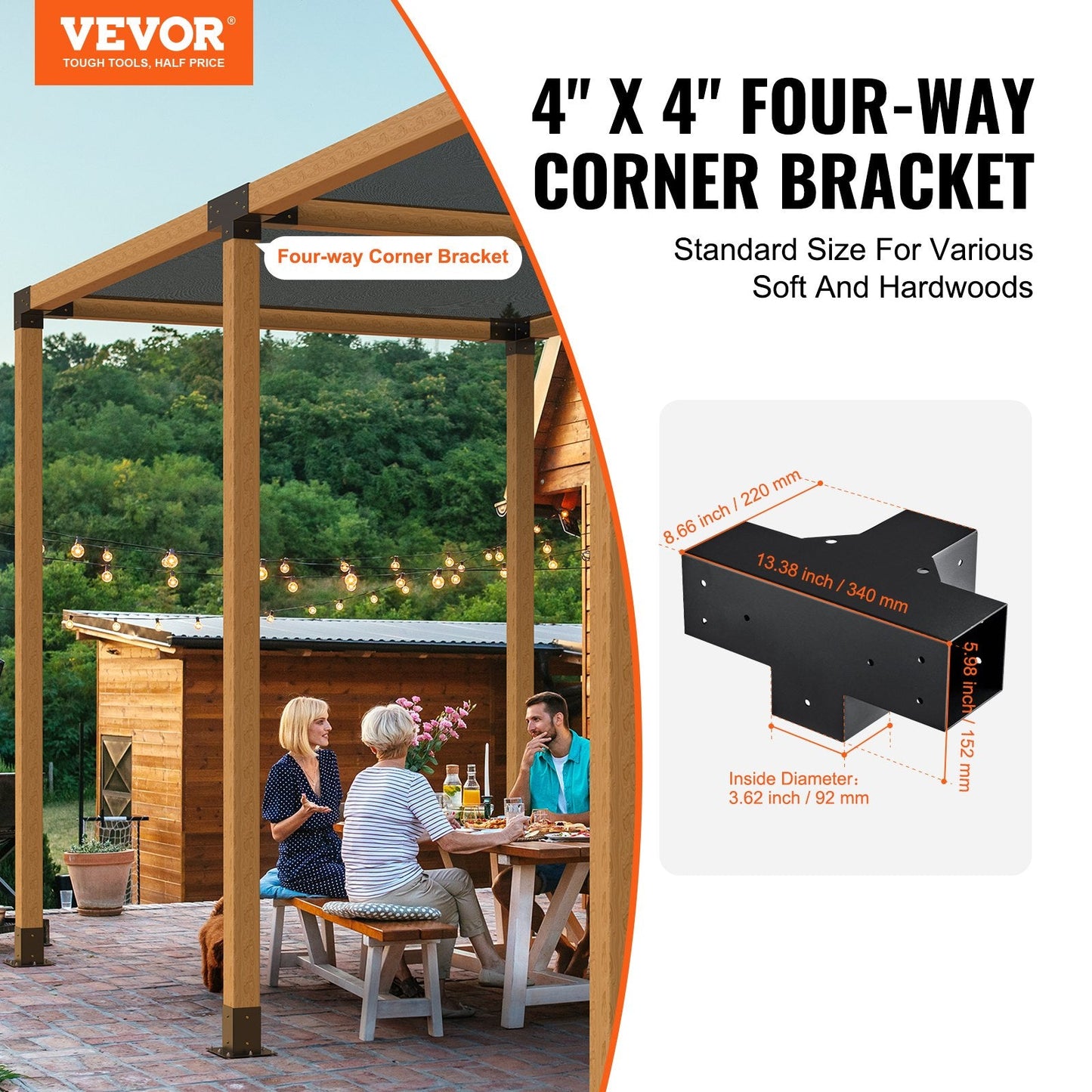 Heavy Duty 4-Way Pergola Corner Bracket Kit, 101x101mm, Set of 2, Steel Construction