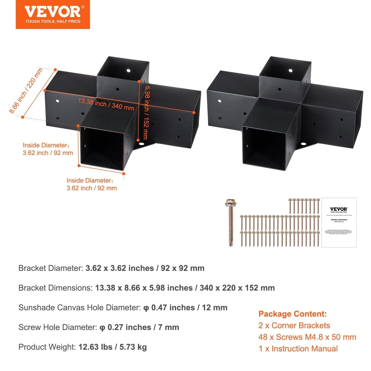 Heavy Duty 4-Way Pergola Corner Bracket Kit, 101x101mm, Set of 2, Steel Construction