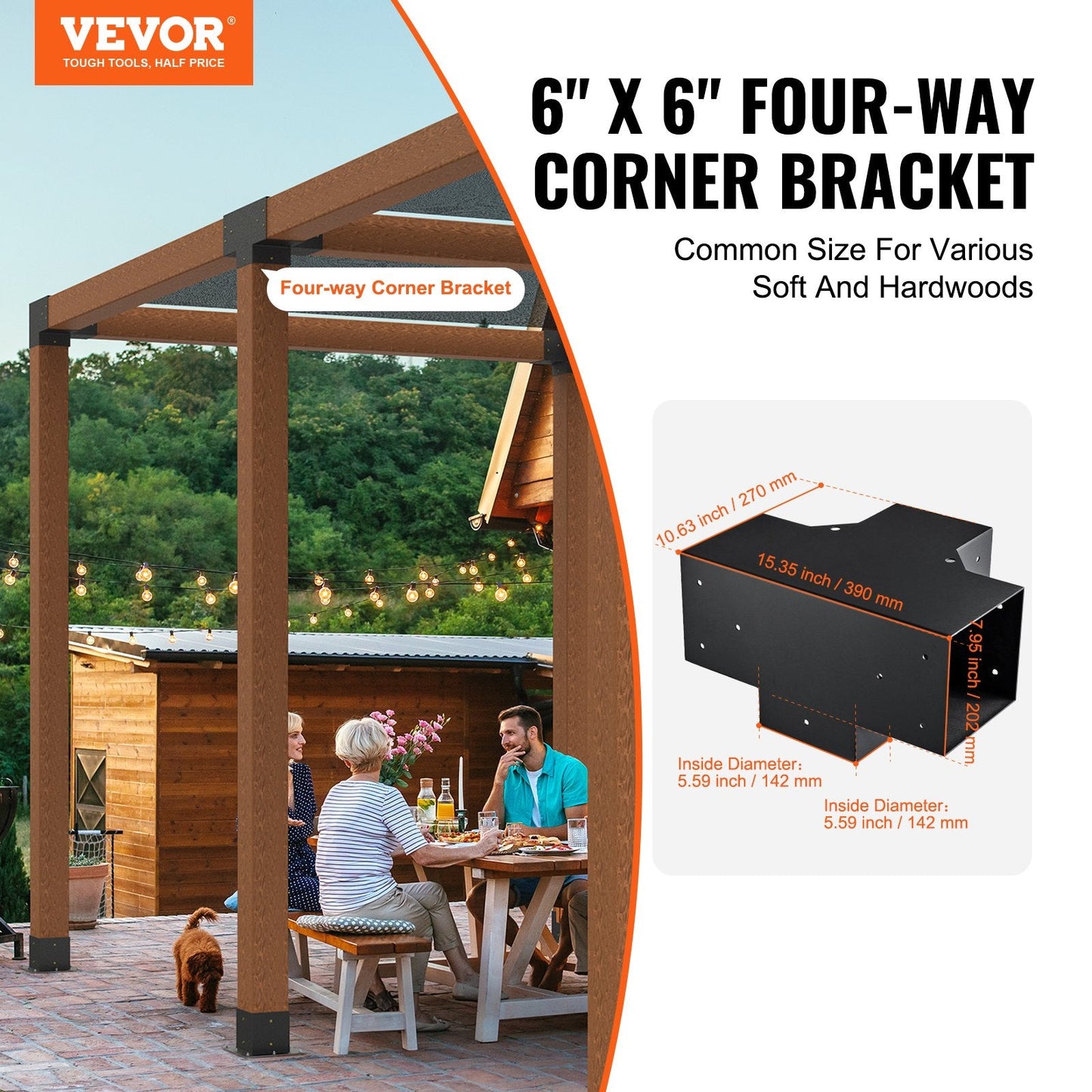 Heavy-Duty 4-Way Pergola Corner Bracket Kit, 152x152mm, Steel Construction