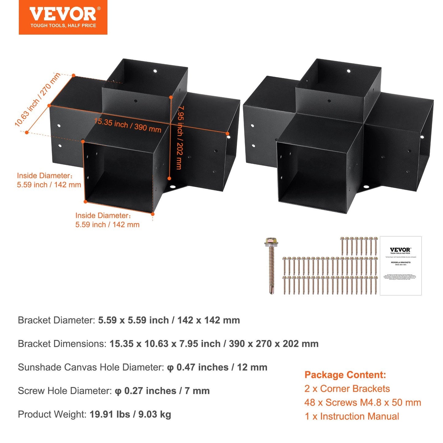 Heavy-Duty 4-Way Pergola Corner Bracket Kit, 152x152mm, Steel Construction