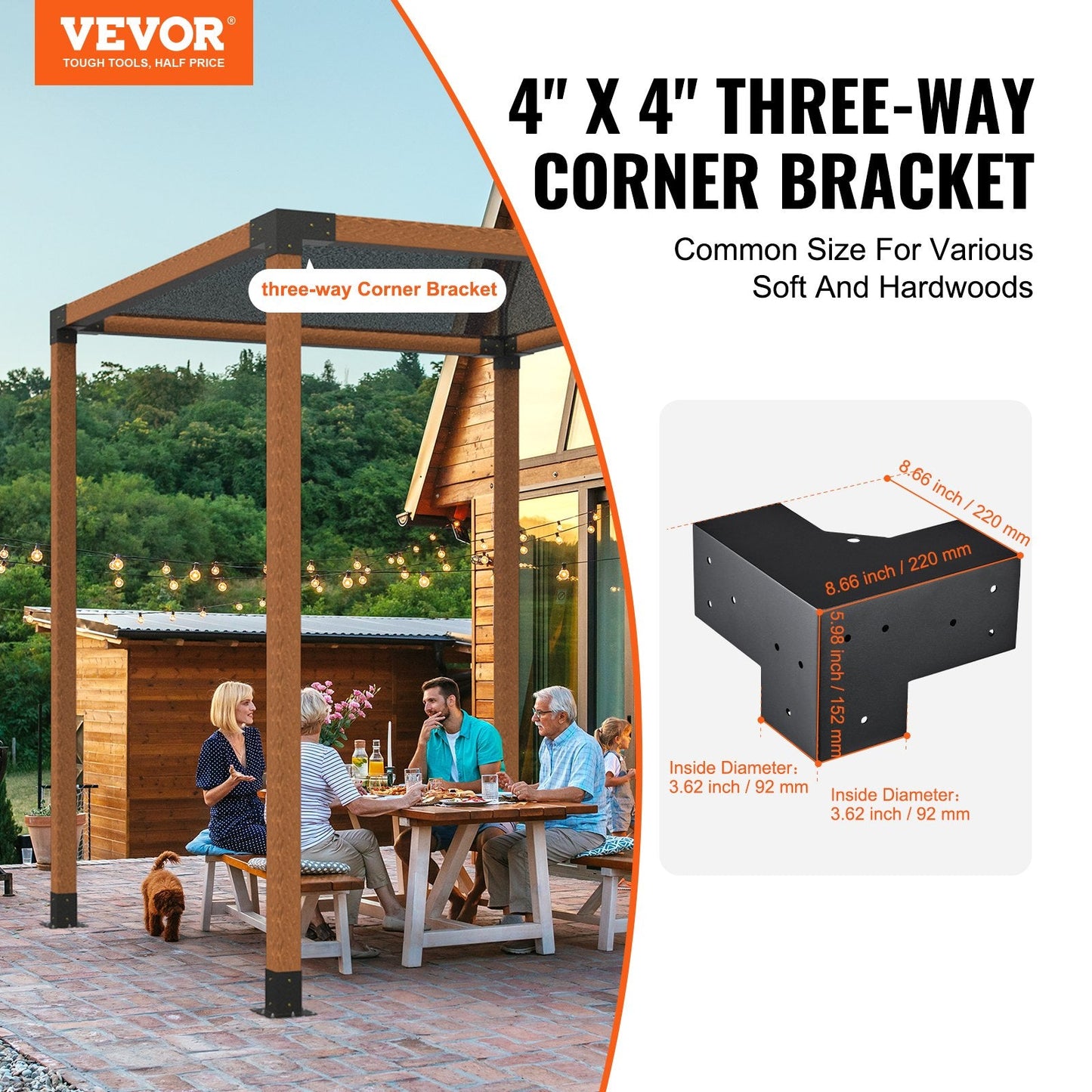 Heavy Duty 3-Way Pergola Bracket Kit, 101x101mm, Set of 4 for DIY Projects