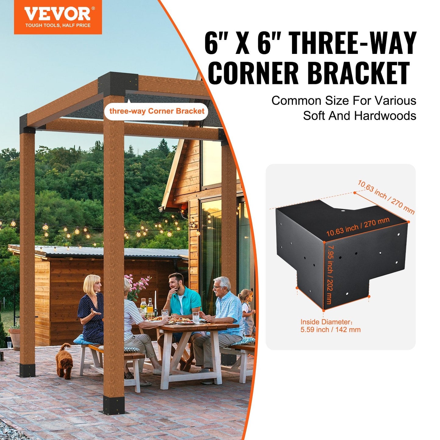 Heavy Duty 3-Way Pergola Brackets 4-Pack, 152x152mm for Outdoor Structures