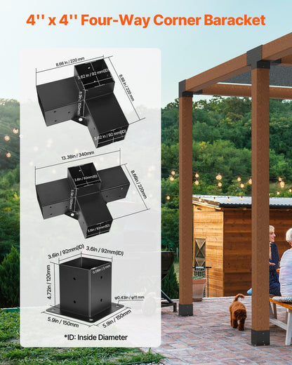 Pergola Kit, 4x4 Inch Pergola Brackets for 92 x 92 mm Wood Beams in Actual Dimension, 3-Way (4 Pcs) and 4-Way (2 Pcs) Gazebo Brackets with 6 Post Bases, for Outdoor Pergolas, Gazebos, Sheds