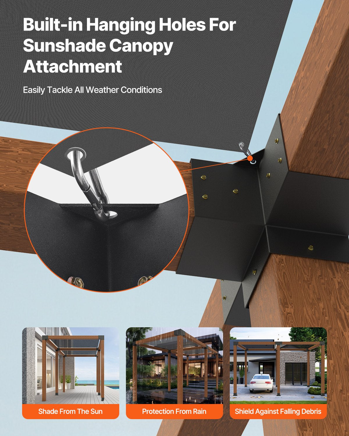 Pergola Kit, 4x4 Inch Pergola Brackets for 92 x 92 mm Wood Beams in Actual Dimension, 3-Way (4 Pcs) and 4-Way (2 Pcs) Gazebo Brackets with 6 Post Bases, for Outdoor Pergolas, Gazebos, Sheds