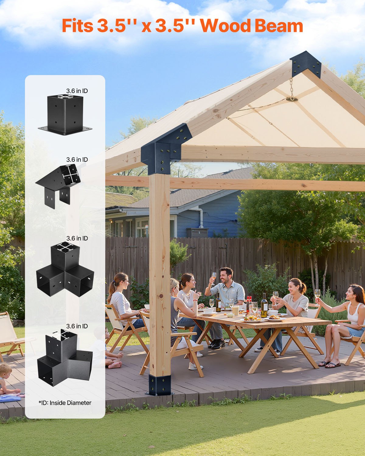 Pergola Kit, 4x4 Inch Pointed-Roof Pergola Brackets for 92 x 92 mm Lumbers in Actual Size, 3-Way / 4-Way Gazebo Bracket with Post Bases & Ridge Brackets for Outdoor Pergolas Gazebo Shed, 14 Pcs