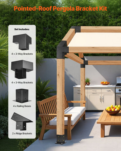 Pergola Kit, 4x4 Inch Pointed-Roof Pergola Brackets for 92 x 92 mm Lumbers in Actual Size, 3-Way / 4-Way Gazebo Bracket with Post Bases & Ridge Brackets for Outdoor Pergolas Gazebo Shed, 14 Pcs