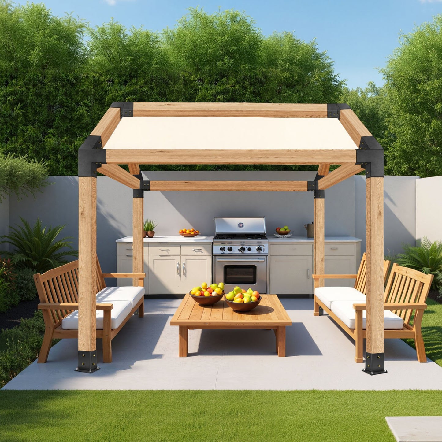 Pergola Kit, 4x4 Inch Pointed-Roof Pergola Brackets for 92 x 92 mm Lumbers in Actual Size, 3-Way / 4-Way Gazebo Bracket with Post Bases & Ridge Brackets for Outdoor Pergolas Gazebo Shed, 14 Pcs
