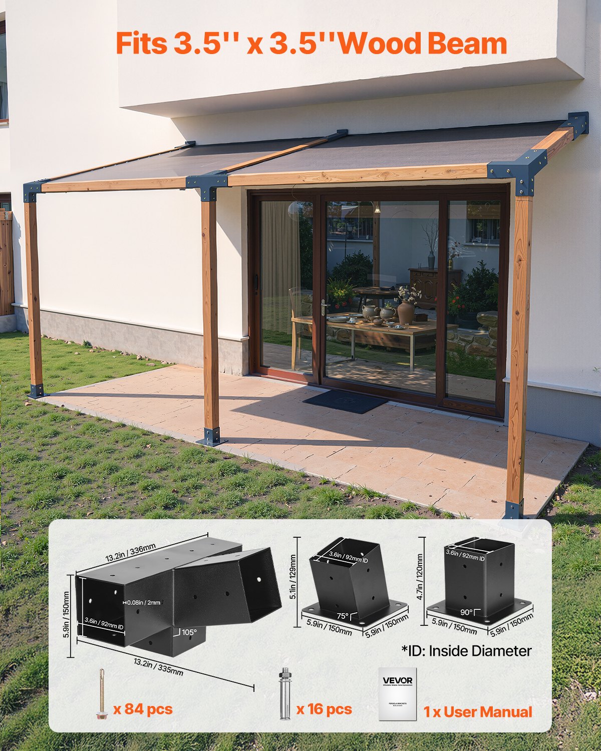 Pergola Kit, 4x4 Inch 4-Way Slanted Bracket for 92 x 92 mm Wood Beams in Actual Size, Carbon Steel Pergola Bracket with Post Base and Wall Mount Base, for Outdoor Pergolas, Gazebos, Sheds