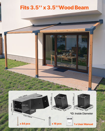 Pergola Kit, 4x4 Inch 4-Way Slanted Bracket for 92 x 92 mm Wood Beams in Actual Size, Carbon Steel Pergola Bracket with Post Base and Wall Mount Base, for Outdoor Pergolas, Gazebos, Sheds