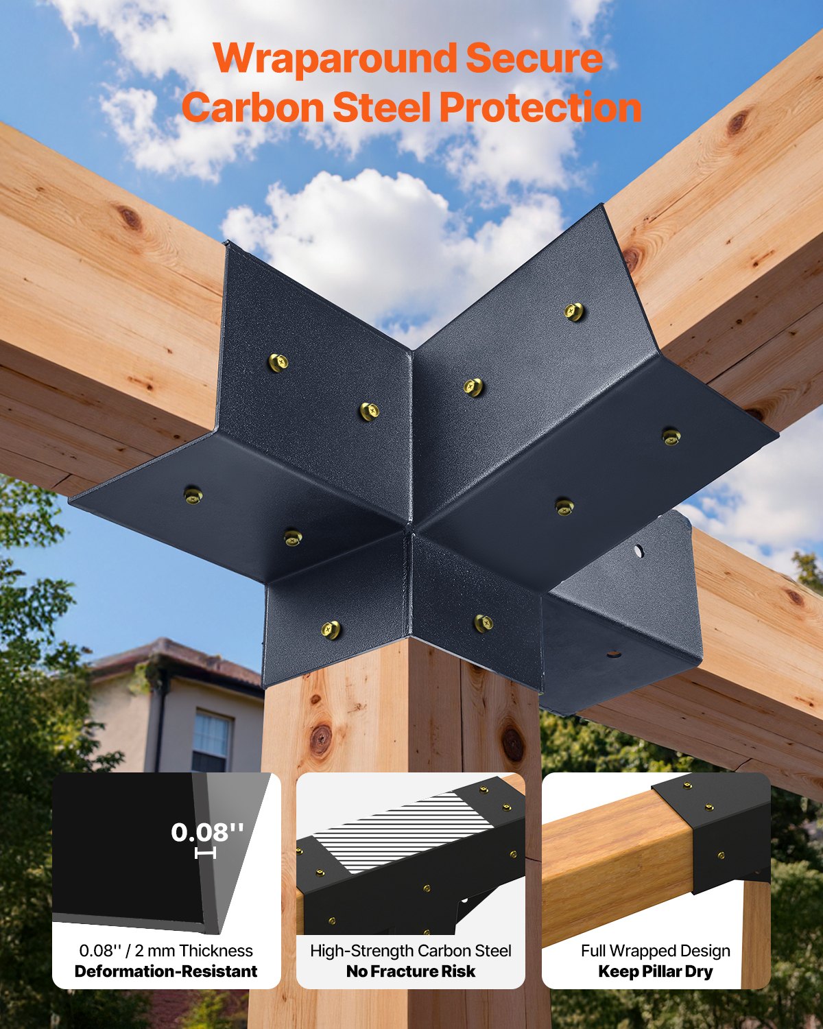 Pergola Kit, 4x4 Inch 4-Way Slanted Bracket for 92 x 92 mm Wood Beams in Actual Size, Carbon Steel Pergola Bracket with Post Base and Wall Mount Base, for Outdoor Pergolas, Gazebos, Sheds