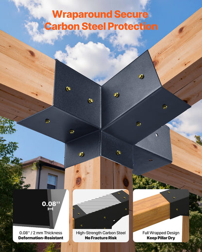 Pergola Kit, 4x4 Inch 4-Way Slanted Bracket for 92 x 92 mm Wood Beams in Actual Size, Carbon Steel Pergola Bracket with Post Base and Wall Mount Base, for Outdoor Pergolas, Gazebos, Sheds