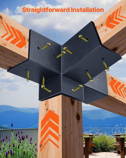 Pergola Kit, 4x4 Inch 4-Way Slanted Bracket for 92 x 92 mm Wood Beams in Actual Size, Carbon Steel Pergola Bracket with Post Base and Wall Mount Base, for Outdoor Pergolas, Gazebos, Sheds