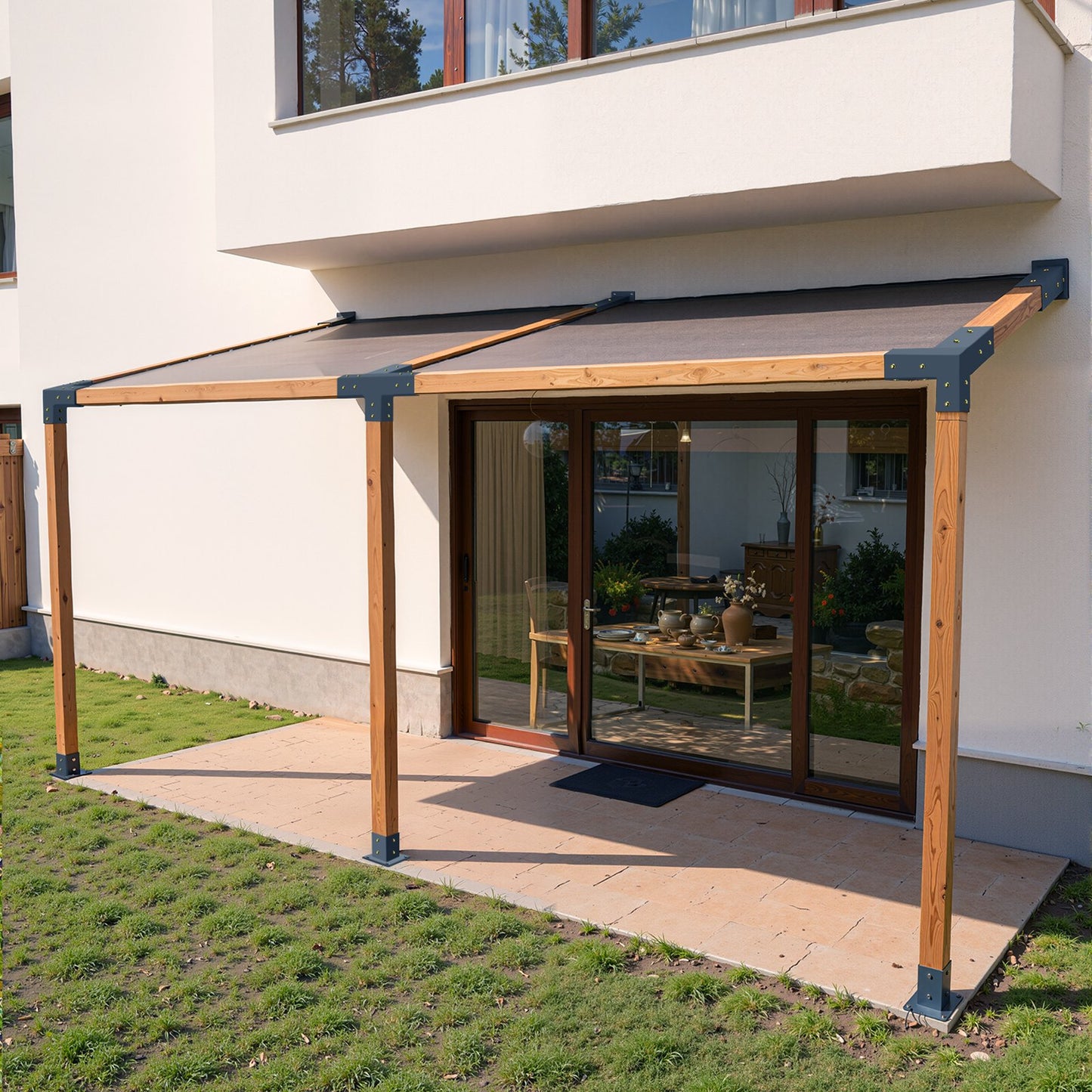 Pergola Kit, 4x4 Inch 4-Way Slanted Bracket for 92 x 92 mm Wood Beams in Actual Size, Carbon Steel Pergola Bracket with Post Base and Wall Mount Base, for Outdoor Pergolas, Gazebos, Sheds