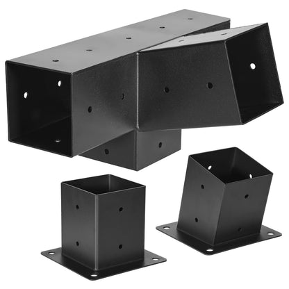 Pergola Kit, 4x4 Inch 4-Way Slanted Bracket for 92 x 92 mm Wood Beams in Actual Size, Carbon Steel Pergola Bracket with Post Base and Wall Mount Base, for Outdoor Pergolas, Gazebos, Sheds