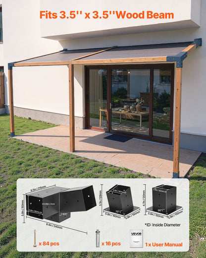 Pergola Kit, 4x4 Inch 3-Way Slanted Brackets for 92 x 92 mm Wood Beams in Actual Size, 2-Pack Pergola Brackets with 2 Post Bases and 2 Wall Mount Bases, for Outdoor Pergolas, Gazebos, Sheds