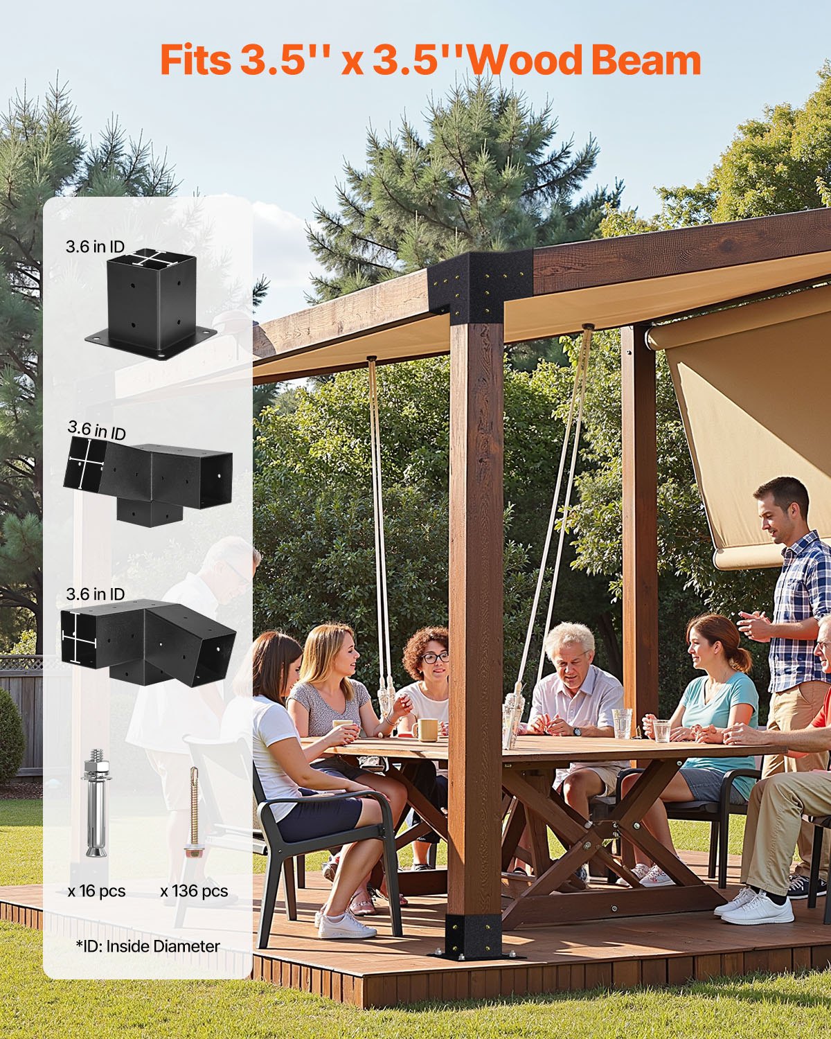 Pergola Kit, 4x4 Inch 3-Way Slanted Bracket for 92 x 92 mm Wood Beams in Actual Size, Carbon Steel Pergola Bracket with Screws and Post Bases, for Outdoor Wood Pergolas, Gazebos, Sheds, 8 Pcs