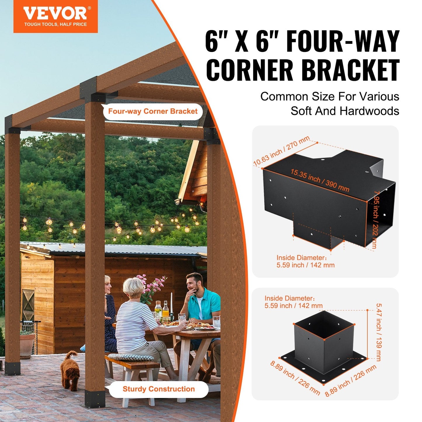 Heavy Duty 4-Way Pergola Bracket Kit for Patio and Gazebo, 152.4 mm x 152.4 mm