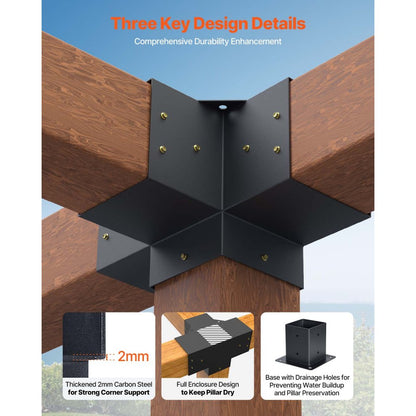 4x4 Inch Pergola Bracket Inner 92x92 mm 4-Way Brackets 2 Pcs with 2 Bases