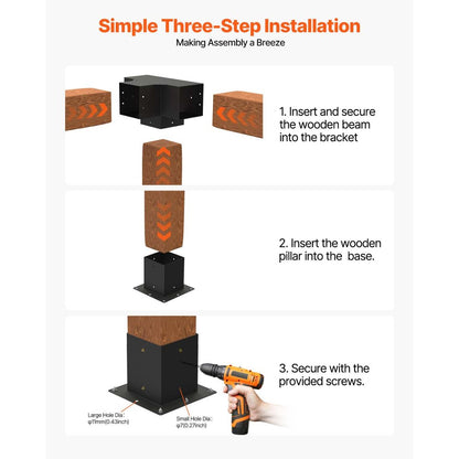 4x4 Inch Pergola Bracket Inner 92x92 mm 4-Way Brackets 2 Pcs with 2 Bases