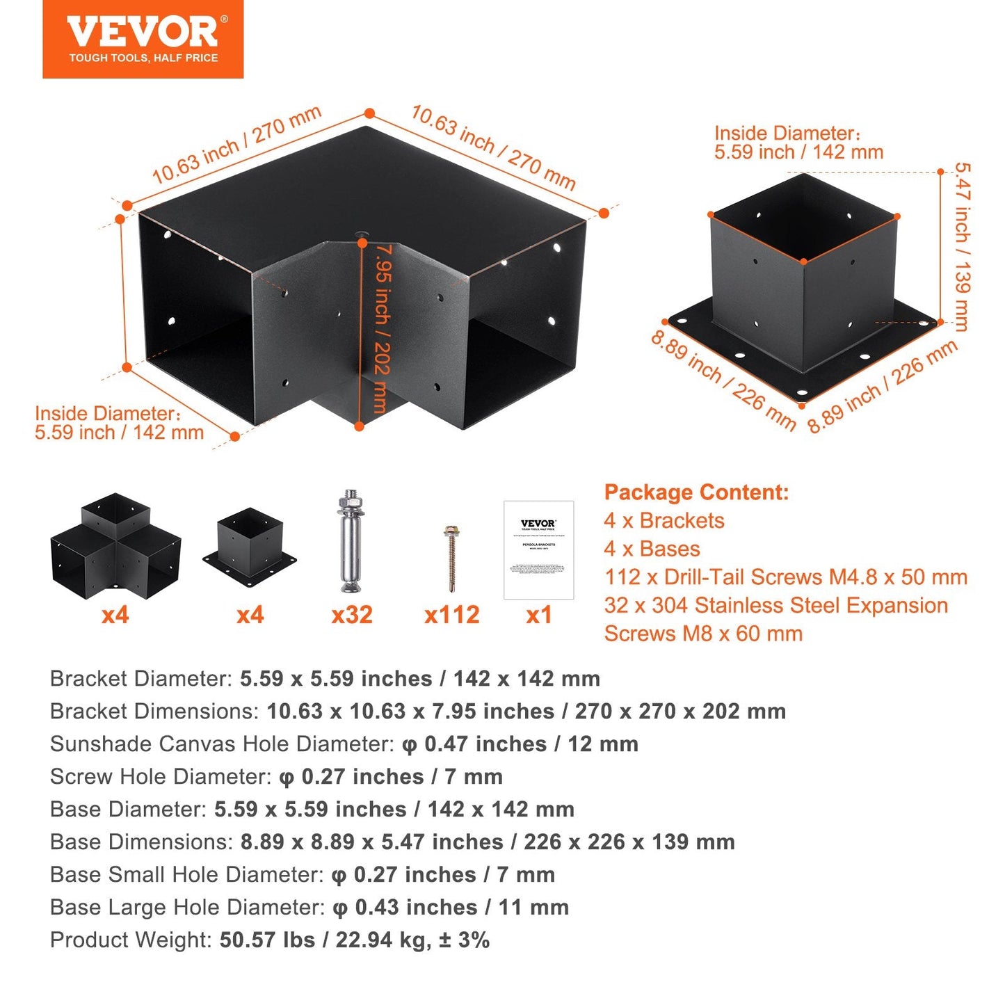 Heavy Duty 3-Way Pergola Bracket Kit for DIY Outdoor Structures, 22.94 kg