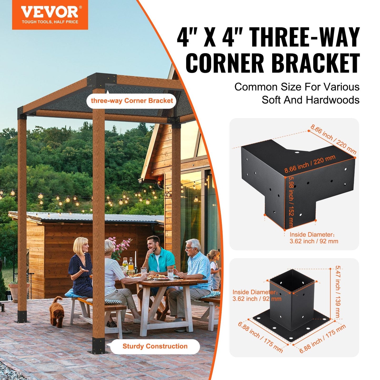 Heavy Duty 3-Way Pergola Bracket Kit, 101.6 mm, 8 Pcs for Gazebo & Patio