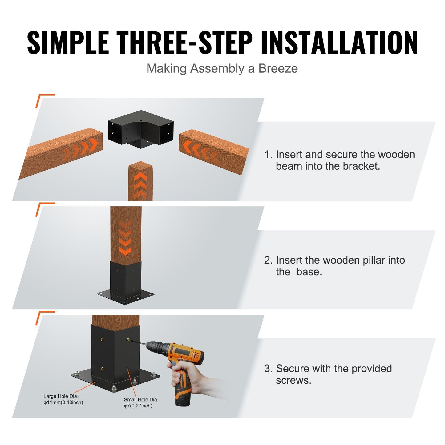 Heavy Duty 3-Way Pergola Bracket Kit, 101.6 mm, 8 Pcs for Gazebo & Patio
