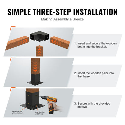 Heavy Duty 3-Way Pergola Bracket Kit, 101.6 mm, 8 Pcs for Gazebo & Patio