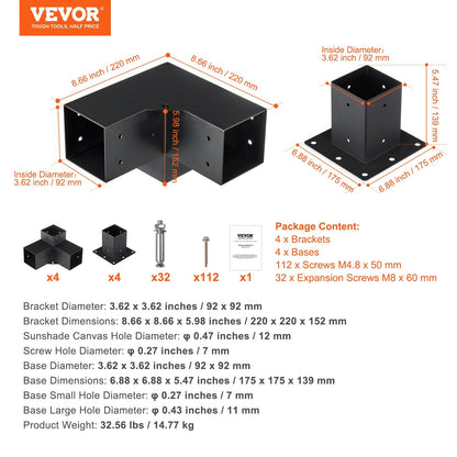 Heavy Duty 3-Way Pergola Bracket Kit, 101.6 mm, 8 Pcs for Gazebo & Patio