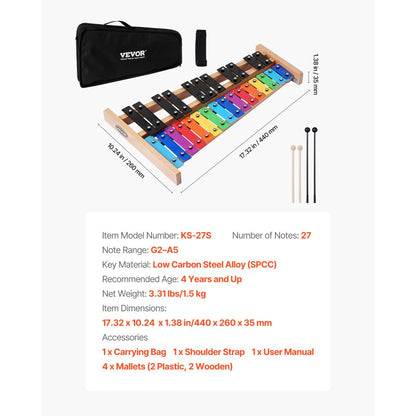 Glockenspiel Xylophone, 27 Notes, Professional Xylophone Percussion Instrument, with Colorful Metal Keys, Includes 4 Mal