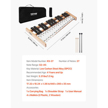 Glockenspiel Xylophone, 27 Notes, Professional Xylophone Percussion Instrument, with Metal Keys, Includes 4 Mallets, Car