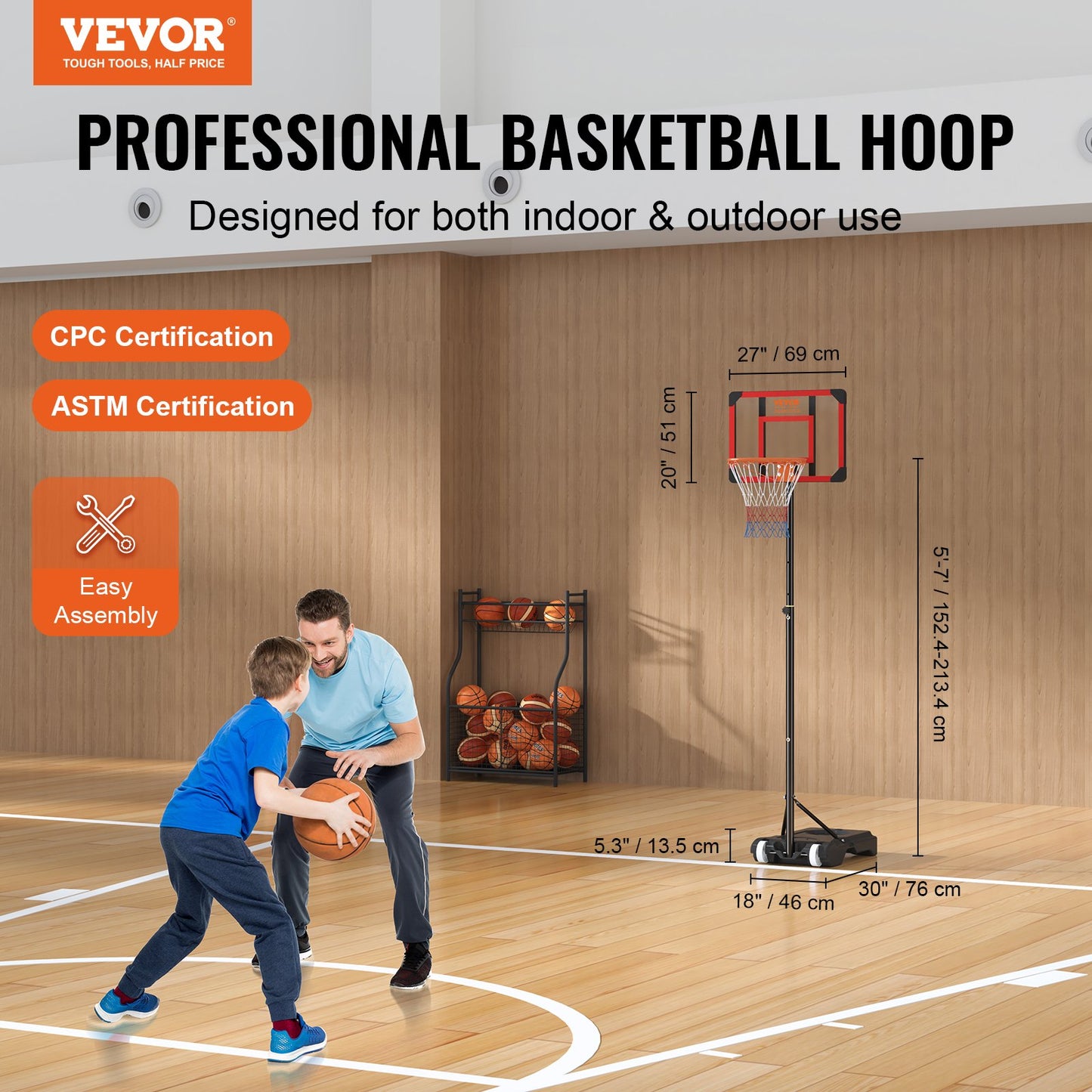 VEVOR Basketball Hoop, 5-7 ft Adjustable Height Portable Backboard System, 28 inch