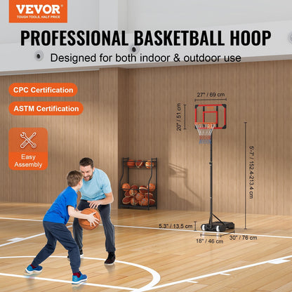 Adjustable Basketball Hoop System, 1.5-2.1m Height, Portable with Wheels