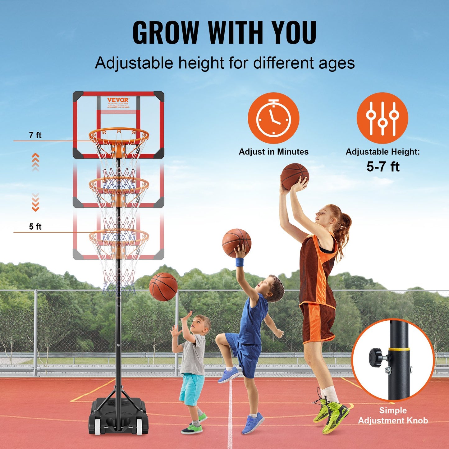 VEVOR Basketball Hoop, 5-7 ft Adjustable Height Portable Backboard System, 28 inch