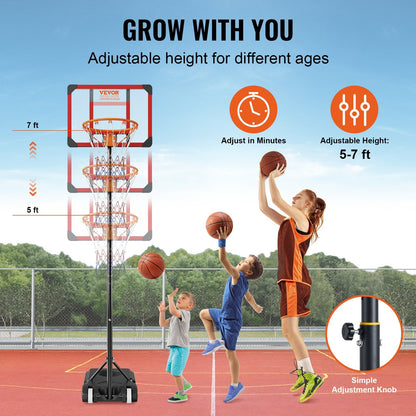 Adjustable Basketball Hoop System, 1.5-2.1m Height, Portable with Wheels