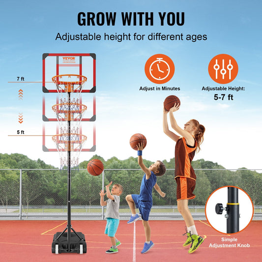 Adjustable Basketball Hoop System, 1.5-2.1m Height, Portable with Wheels